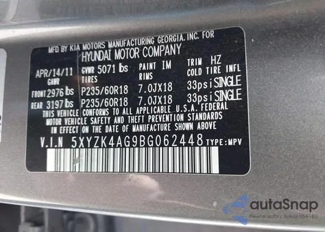 2011 Hyundai Santa Fe Limited V6 from USA, damaged, VIN 5XYZK4AG9BG062448